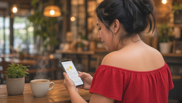 Mujer revisa en el celular las estrellas y opiniones de un producto antes de comprar